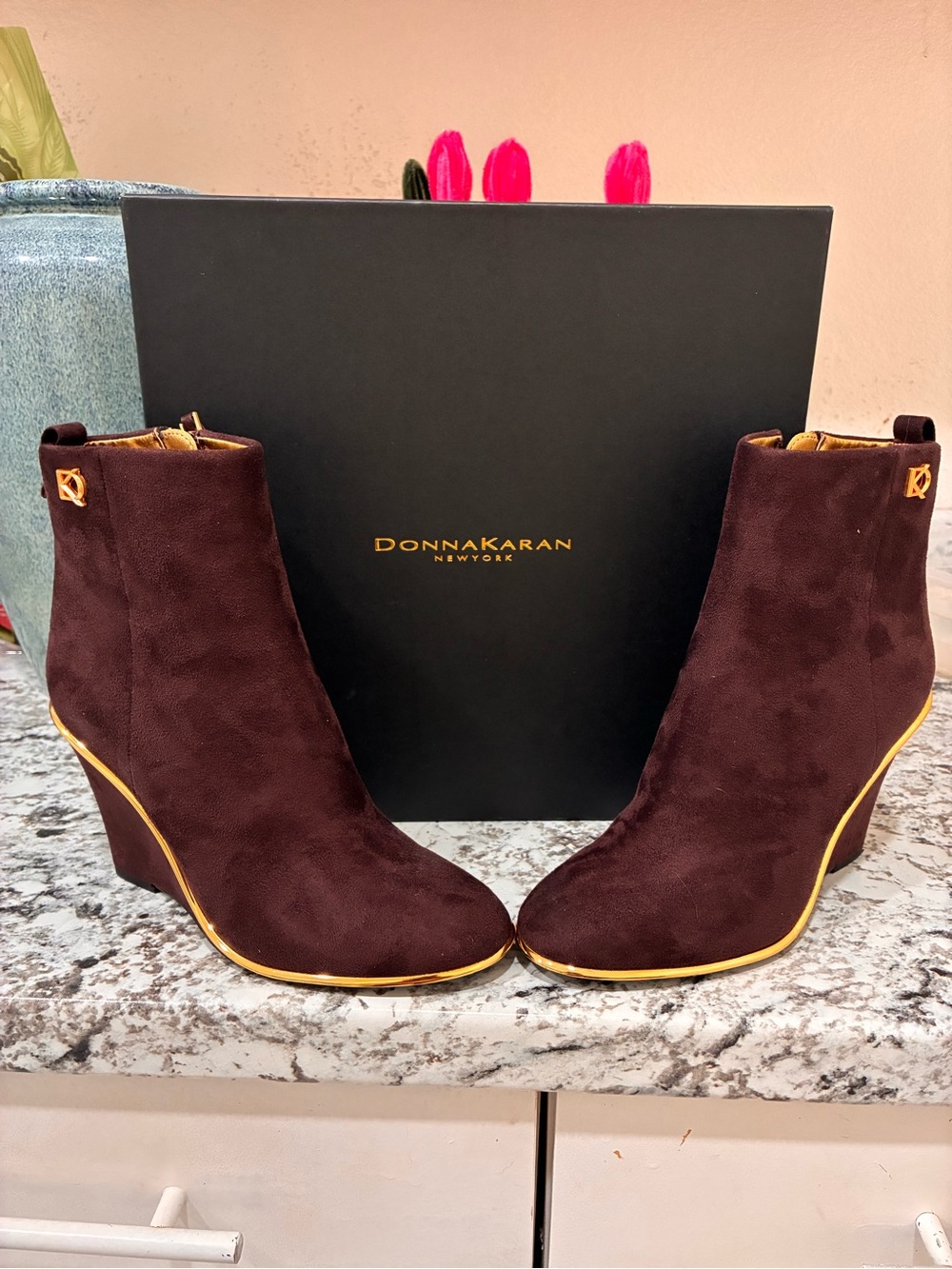 Donna Karan Women’s Maroon Suede Wedge Booties with Gold Trim